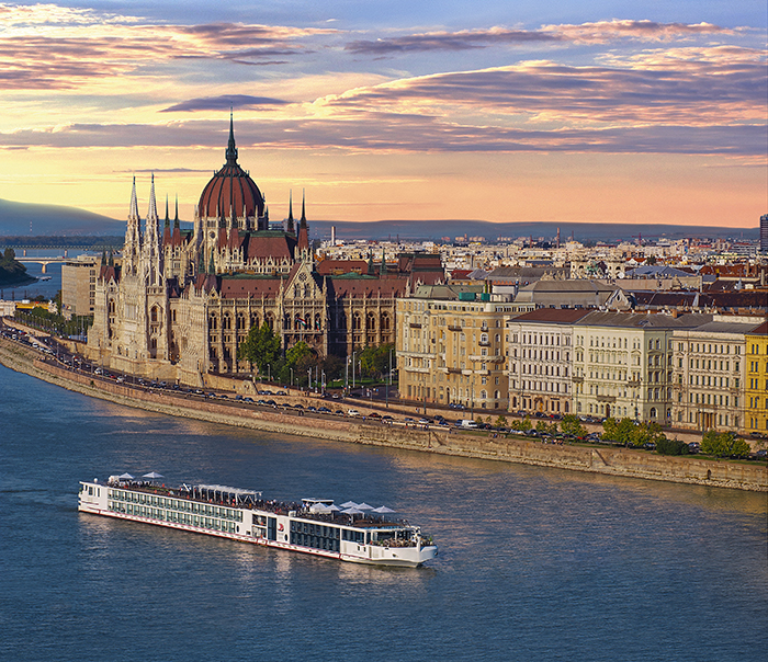 The Viking Longship Odin near the city of Budapest on the Danube River.