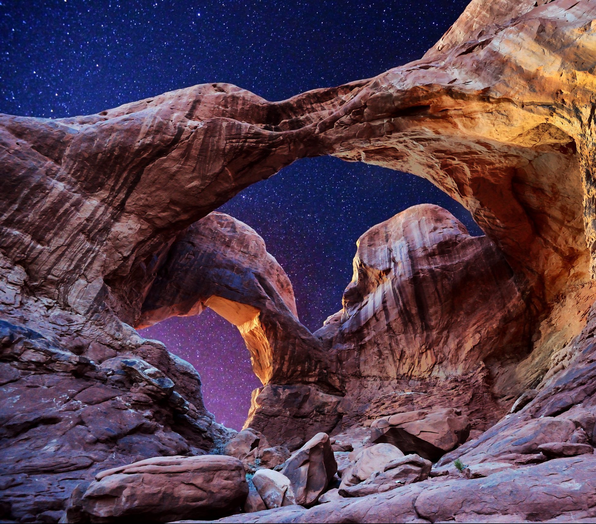 A night shot of Double Arch, Arches National Park, Utah