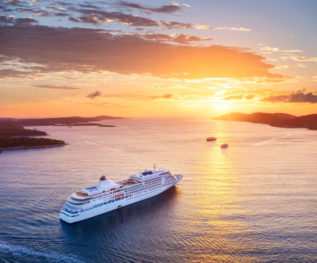 Croatia. Aerial view at the cruise ship during sunset. Adventure
