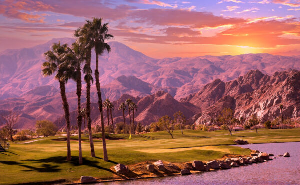 golf course at sunset in palm springs, california, usa