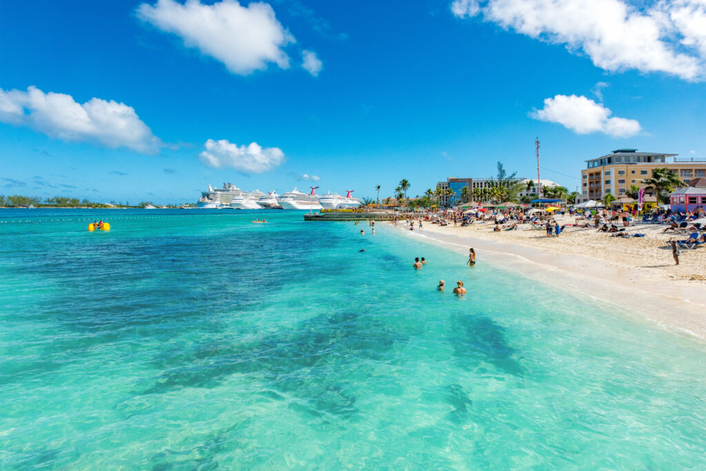 Junkanoo Beach vista views of beach and Nassau cruise port in Bahamas